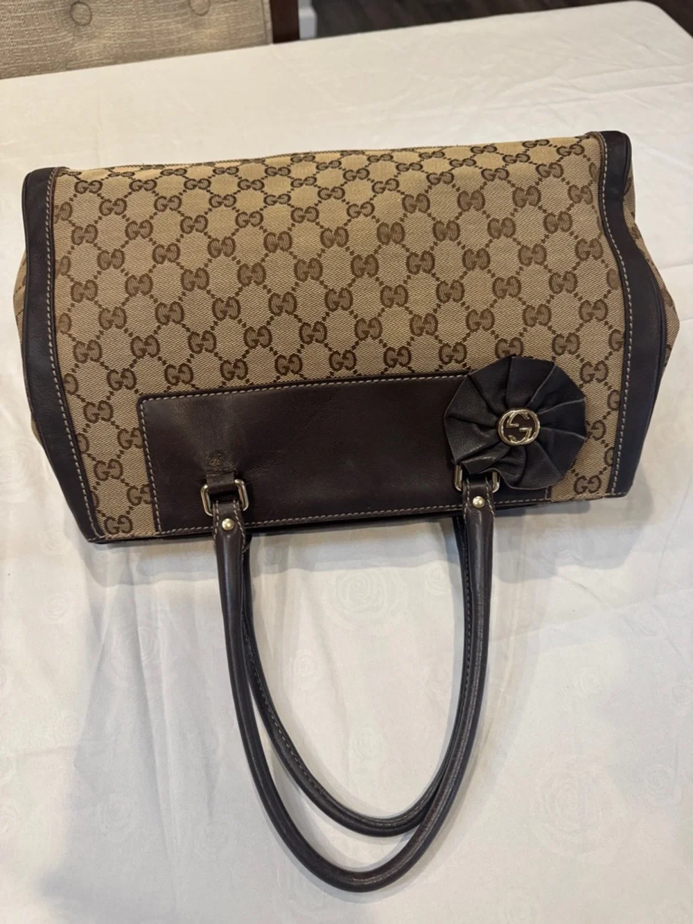 Authentic Gucci Brown GG Supreme Canvas Satchel with Dark Brown Leather Trim - Picture 3 of 14